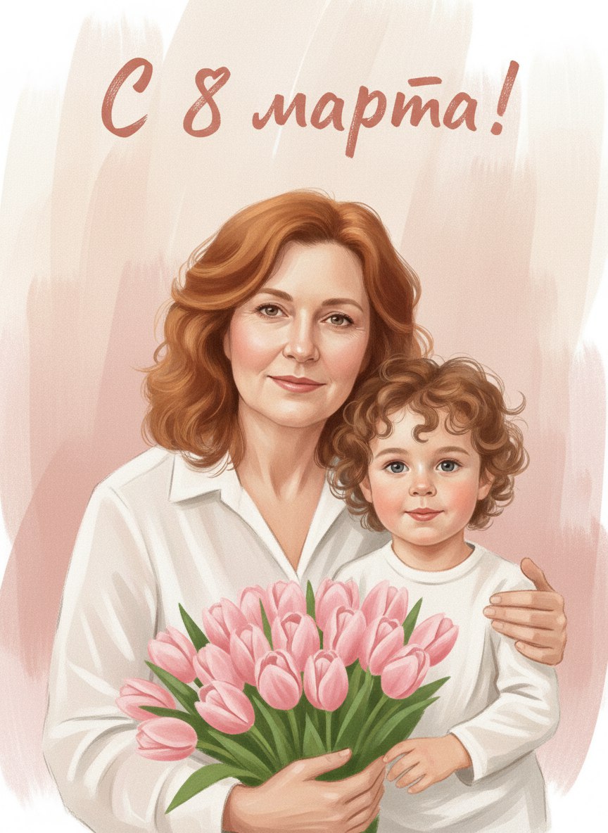 ИИ-фотосессия по фото: живописный портрет женщины и ребенка с букетом розовых тюльпанов и надписью «С 8 марта!» в пастельных тонах.