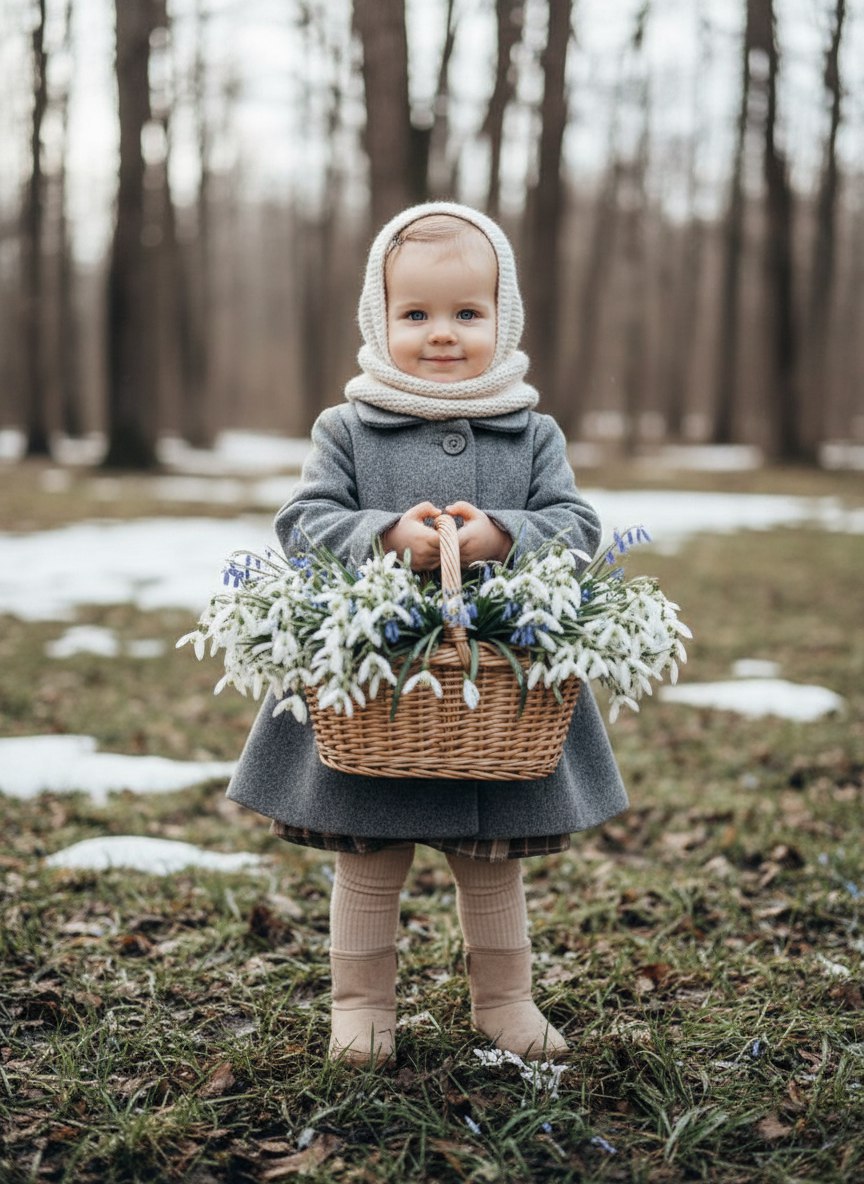 ИИ-фотосессия по фото: маленький ребенок в пальто и вязаном капоре держит корзину с подснежниками в весеннем лесу с проталинами.