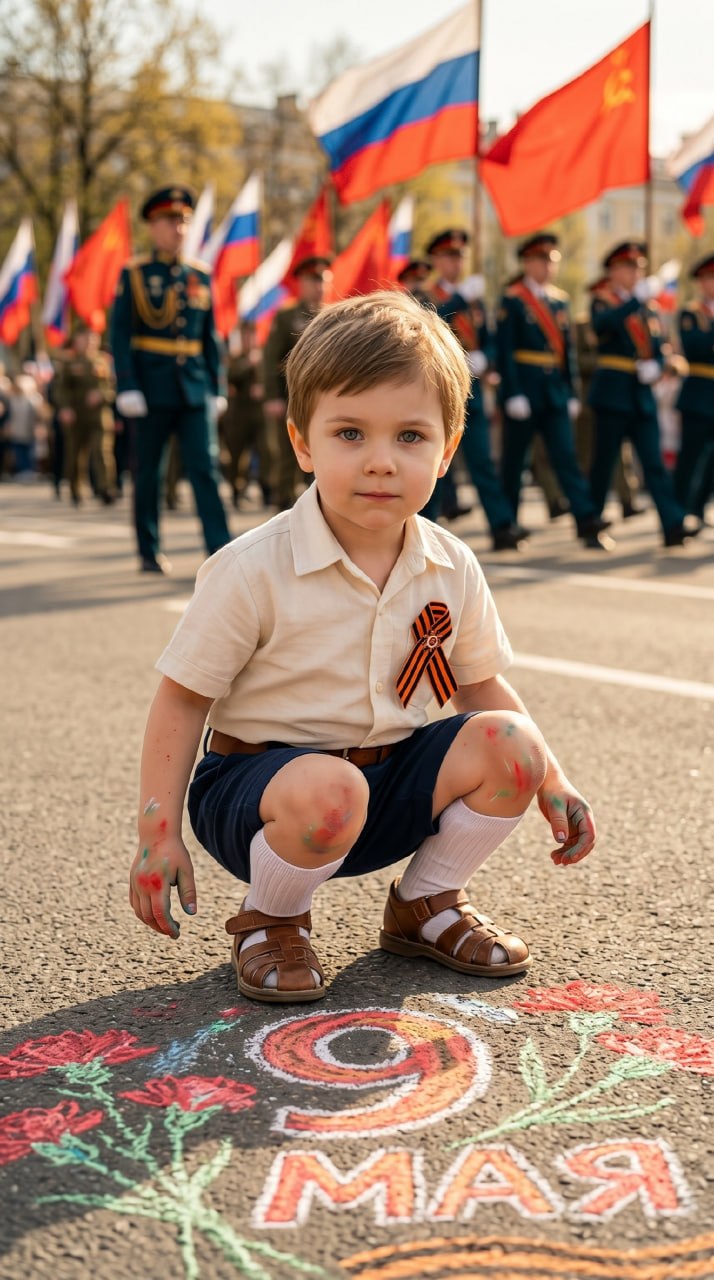 ИИ-фотосессия по фото: мальчик сидит у рисунка «9 мая» мелом на асфальте, позади идет парад военных с красными знаменами.