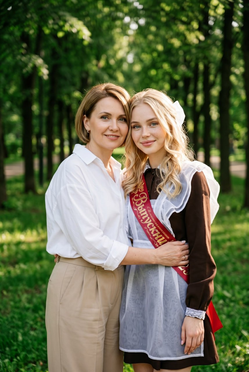 ИИ-фотосессия по фото: мама и дочь-выпускница в советской школьной форме с красной лентой обнимаются на фоне зелёной аллеи парка