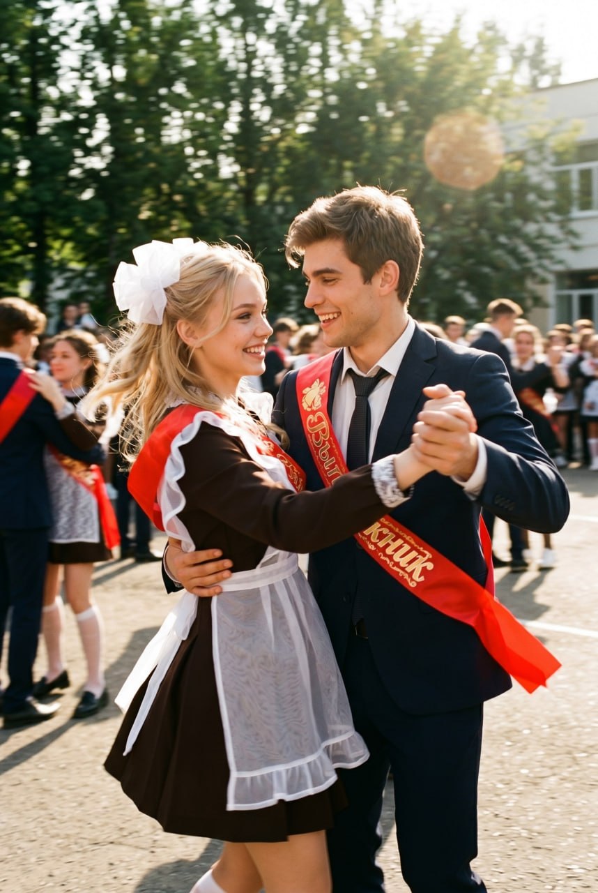 ИИ-фотосессия по фото: пара выпускников в классической школьной форме и с красными лентами танцует вальс во дворе школы