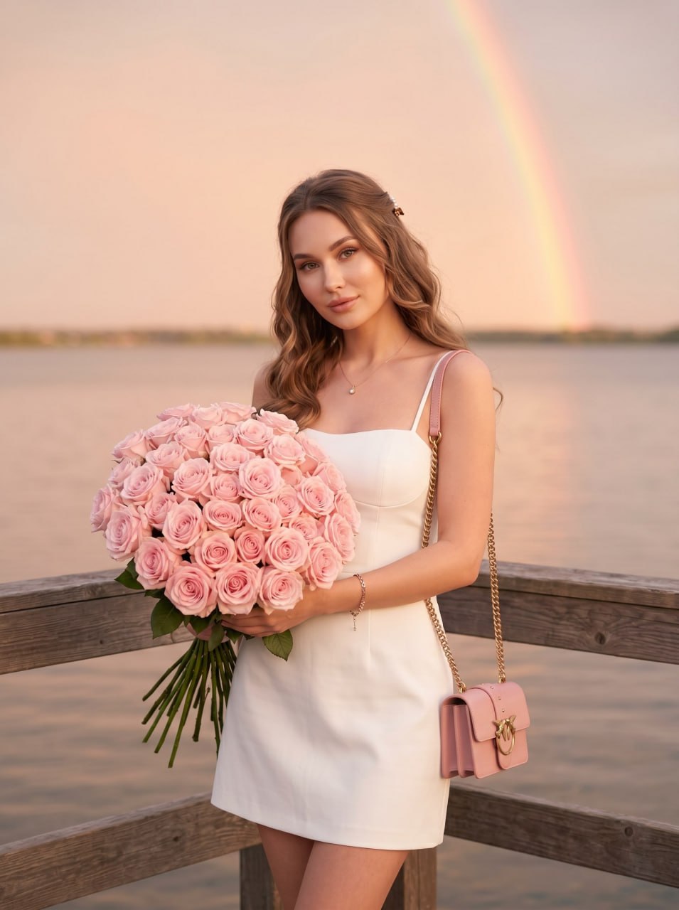 ИИ-фотосессия по фото: девушка в белом мини-платье с букетом розовых роз на деревянном пирсе у воды на фоне заката и радуги