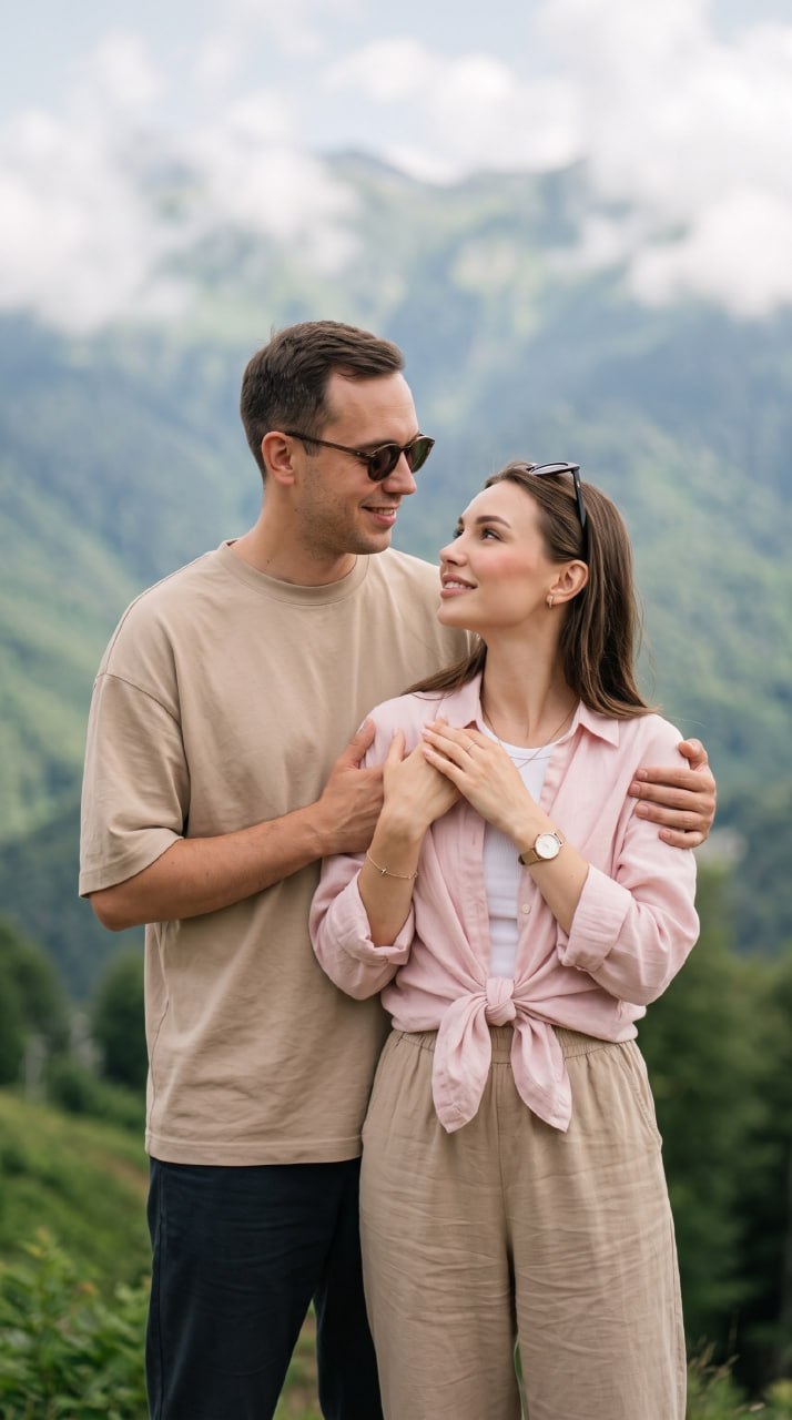 ИИ-фотосессия по фото: мужчина и женщина обнимаются и с улыбкой смотрят друг на друга на фоне зеленых гор в легкой дымке.