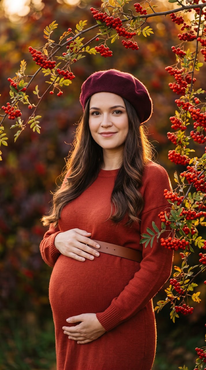 ИИ-фотосессия по фото: беременная девушка в бордовом берете и тёплом терракотовом платье среди ветвей спелой рябины.
