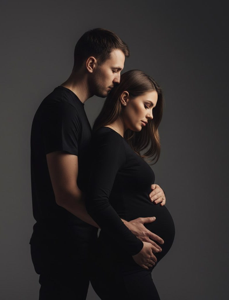 ИИ-фотосессия по фото: пара в черной одежде на темном студийном фоне держит руки на беременном животе в мягком боковом свете.