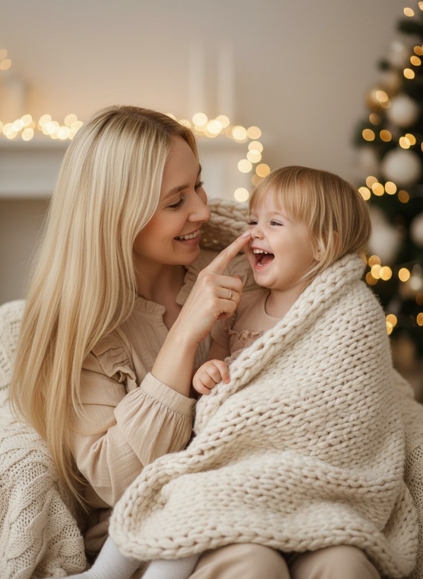 ИИ-фотосессия по фото: мама с маленькой дочкой в светлом вязаном пледе смеются на фоне новогодней елки с гирляндами