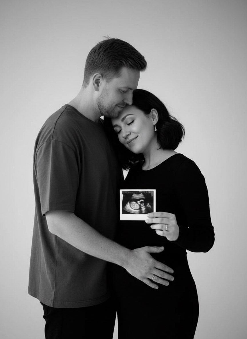 ИИ-фотосессия по фото: чёрно-белый студийный портрет пары, женщина держит снимок УЗИ, мужчина нежно обнимает её.