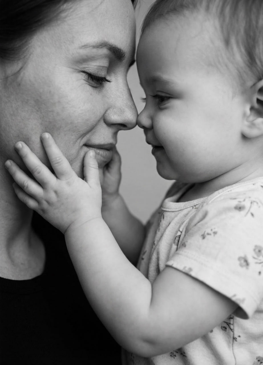 ИИ-фотосессия по фото: чёрно-белый крупный портрет мамы и маленького ребёнка, соприкасающихся лицами в мягком студийном свете.