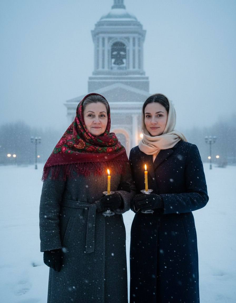ИИ-фотосессия по фото: две женщины в пальто и платках держат горящие свечи на фоне заснеженной колокольни в вечернем снегопаде.