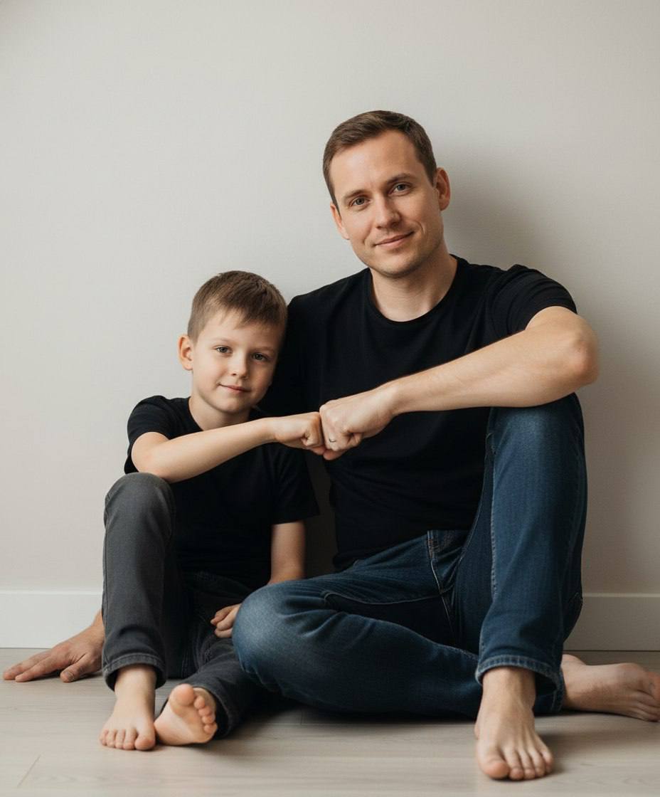 ИИ-фотосессия по фото: отец и сын в черных футболках и джинсах сидят на полу у светлой стены и соприкасаются кулаками.