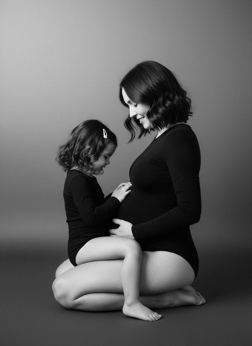 ИИ-фотосессия по фото: черно-белый снимок беременной женщины с маленькой дочкой в темных боди на сером фоне в студии, девочка трогательно касается живота мамы.