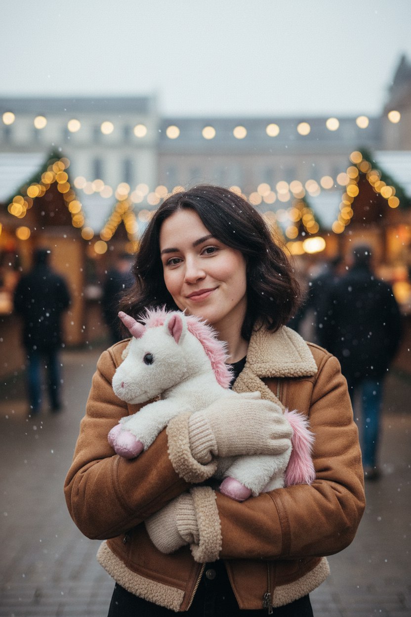 ИИ-фотосессия по фото: девушка в коричневой дубленке с плюшевым единорогом на фоне рождественской ярмарки и огней под снегопадом.