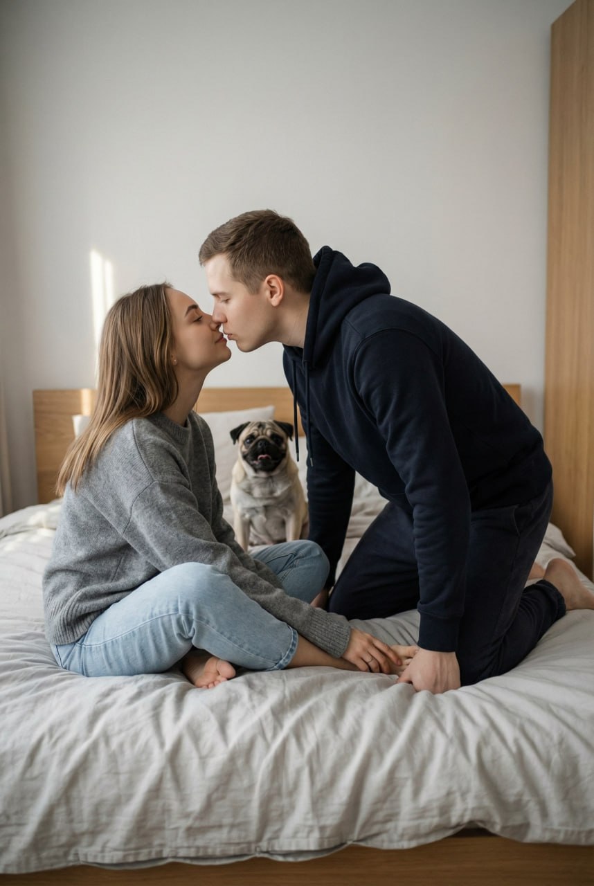 ИИ-фотосессия по фото: пара целуется на кровати в светлой спальне, на фоне сидит мопс.