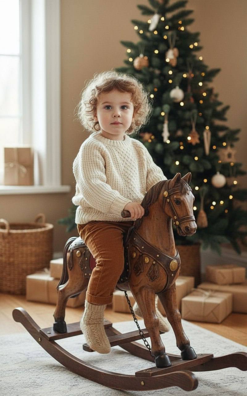 ИИ-фотосессия по фото: мальчик в светлом вязаном свитере сидит на деревянной лошадке-качалке рядом с новогодней елкой.