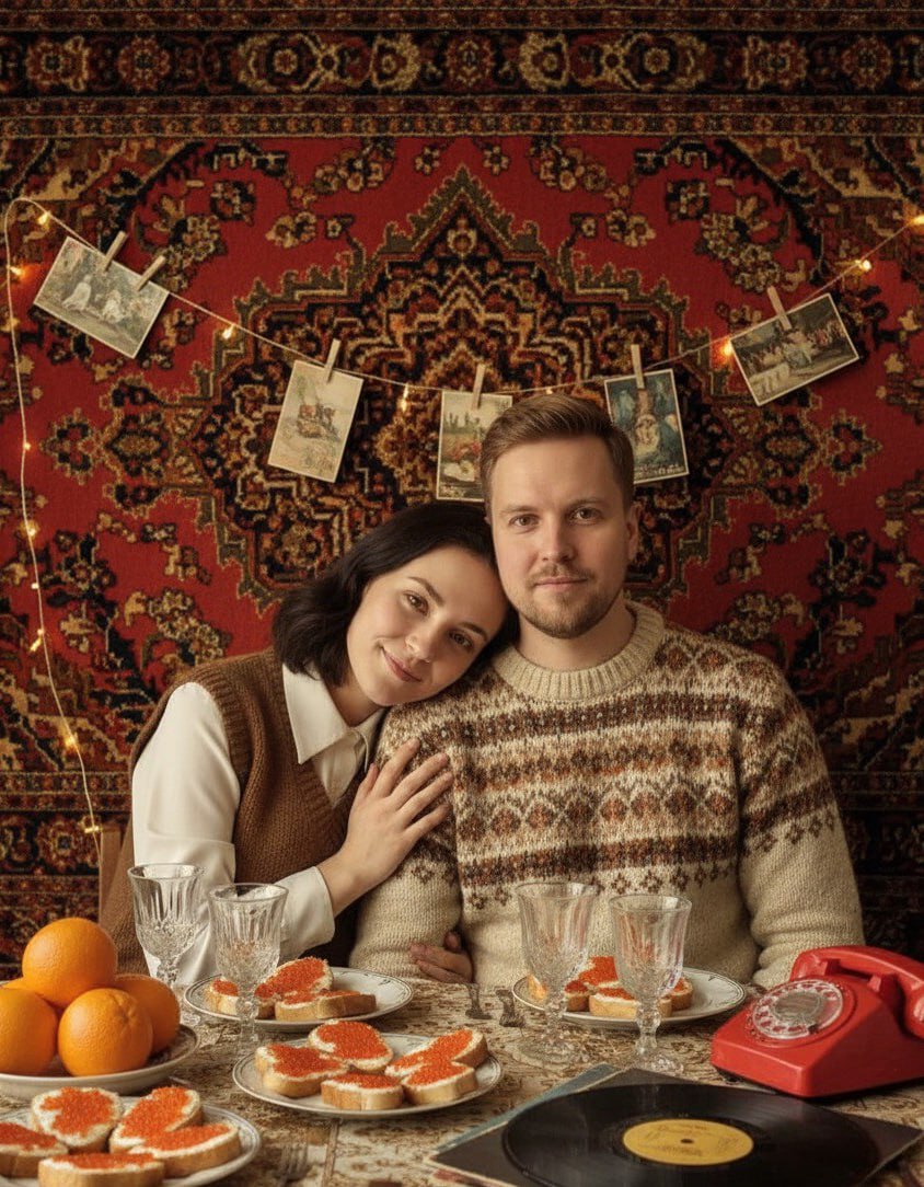 ИИ-фотосессия по фото: пара за праздничным столом с бутербродами с икрой и апельсинами на фоне настенного ковра с гирляндой.