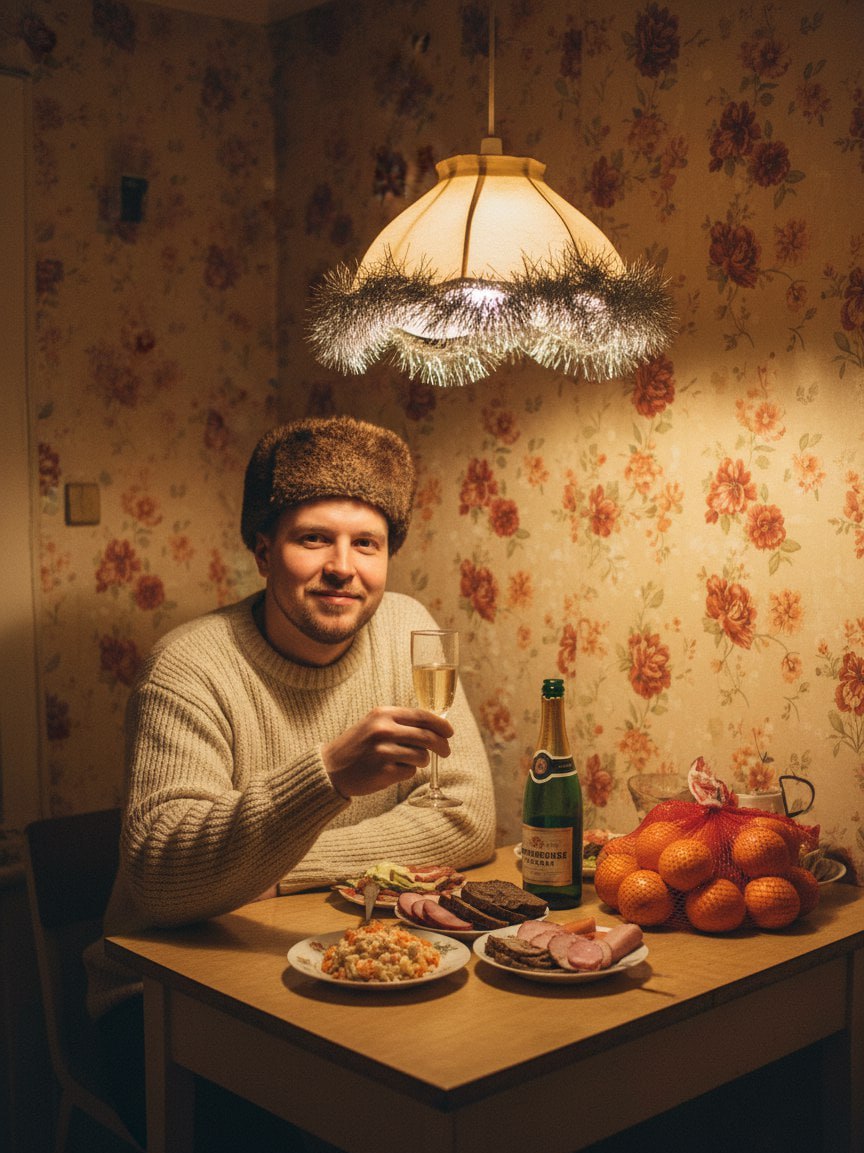ИИ-фотосессия по фото: мужчина в меховой шапке и свитере поднимает тост за новогодним столом с мандаринами под уютным абажуром с мишурой.