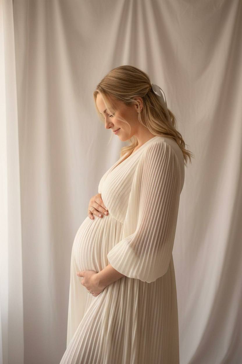 ИИ-фотосессия по фото: беременная женщина в светлом плиссированном платье стоит в профиль на фоне молочных студийных драпировок.