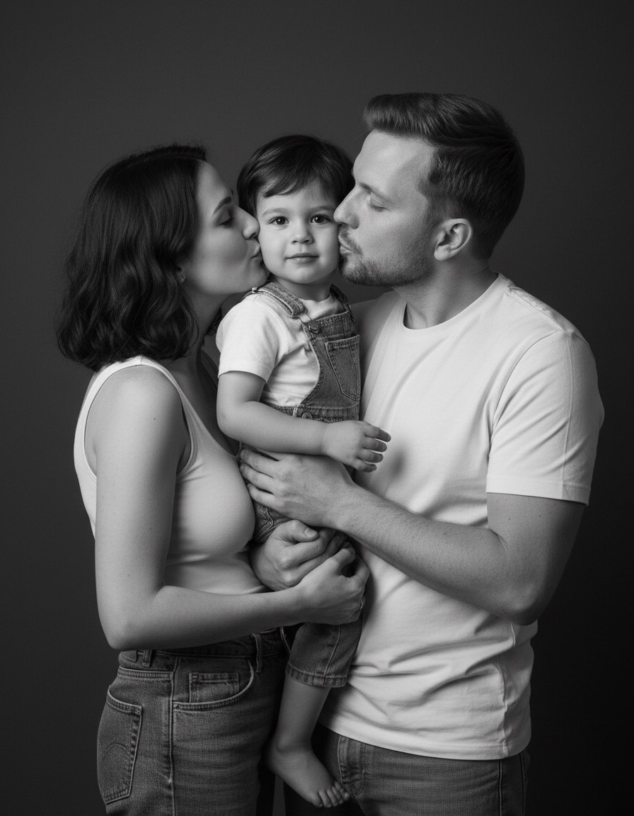 ИИ-фотосессия по фото: черно-белый студийный портрет родителей, нежно целующих маленького сына в щеки на темном фоне.