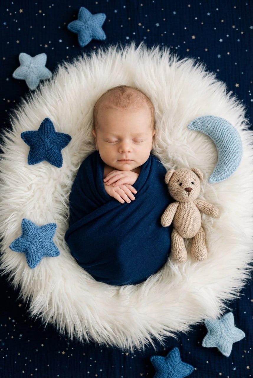ИИ-фотосессия по фото: спящий младенец в синей пелёнке лежит на белом пушистом меху в окружении вязаных звёзд, полумесяца и мишки