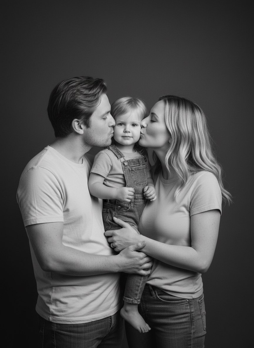 ИИ-фотосессия по фото: чёрно-белый студийный портрет родителей, целующих маленького ребёнка в щёки на тёмном фоне