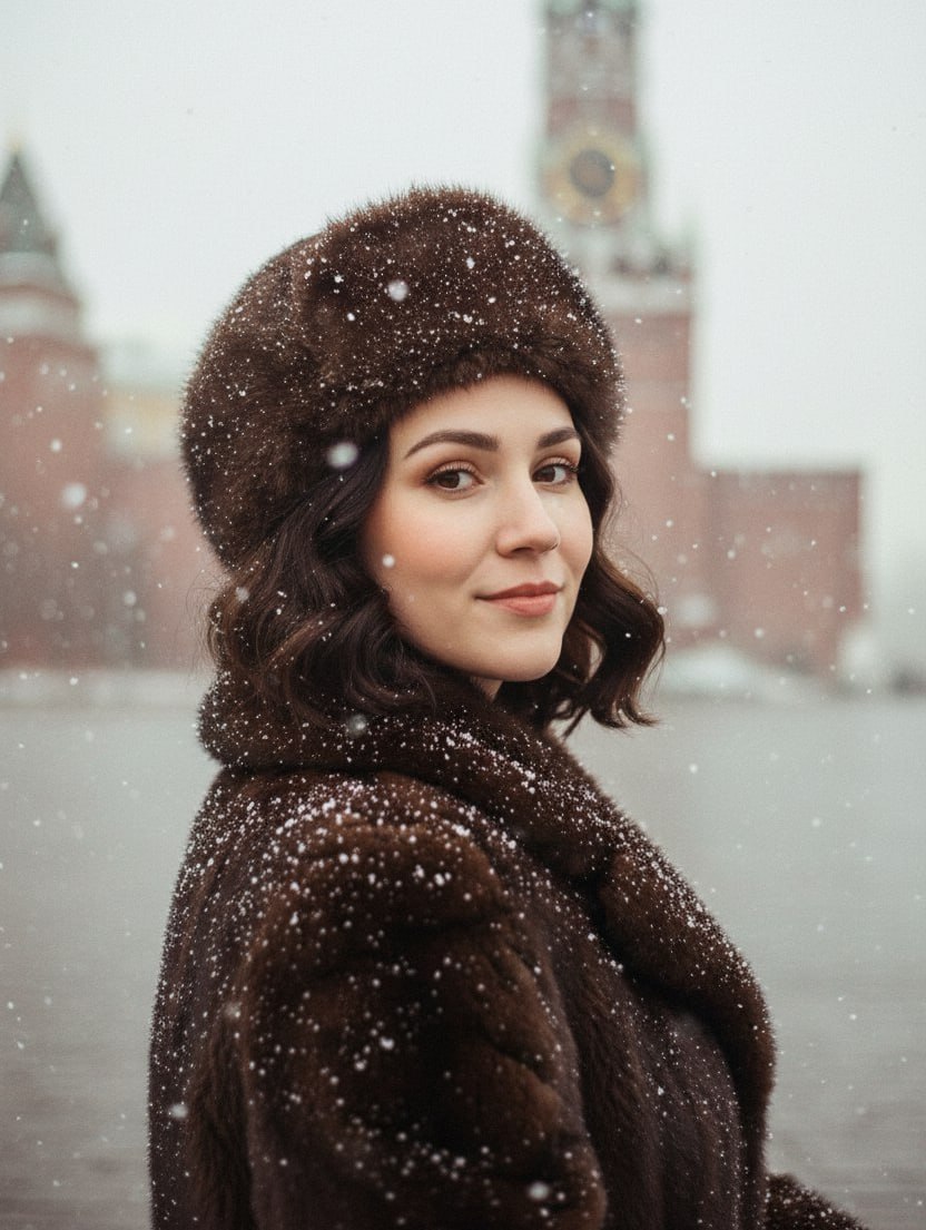 ИИ-фотосессия по фото: девушка в коричневой меховой шапке и шубе на фоне Красной площади во время снегопада.