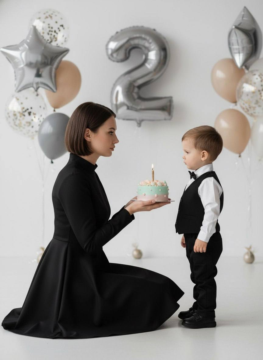 ИИ-фотосессия по фото: мама в чёрном платье держит праздничный торт перед двухлетним сыном в светлой студии с шарами