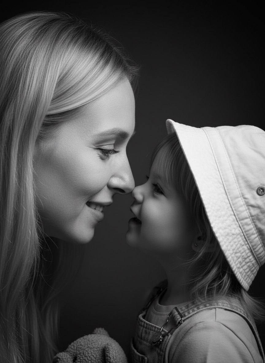 ИИ-фотосессия по фото: чёрно-белый крупный план матери и маленькой девочки в светлой панаме, касающихся носами на тёмном фоне.