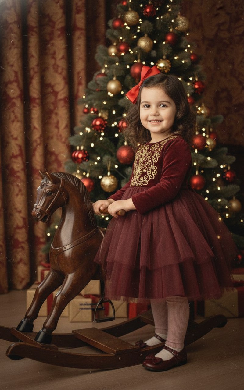 ИИ-фотосессия по фото: маленькая девочка в винтажном бордовом платье рядом с деревянной лошадкой-качалкой у нарядной новогодней ёлки с огоньками.
