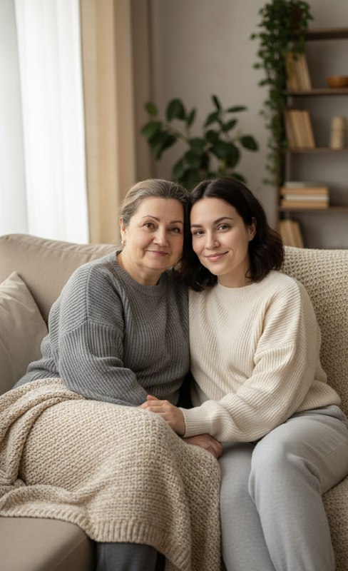 ИИ-фотосессия по фото: мама и взрослая дочь сидят рядом на диване в уютных вязаных свитерах под бежевым пледом у окна.