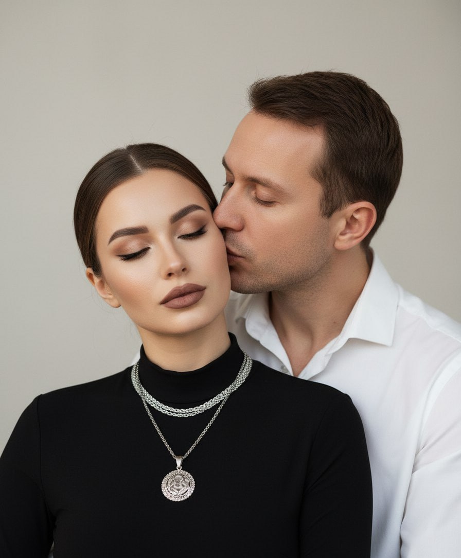 ИИ-фотосессия по фото: мужчина в белой рубашке целует в щеку женщину в черной водолазке и серебряных украшениях на светлом фоне.