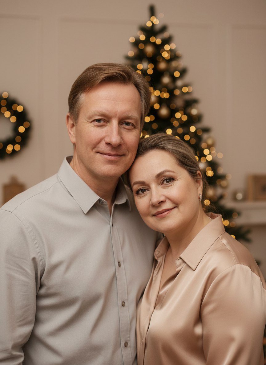 ИИ-фотосессия по фото: мужчина и женщина в светлых нарядах позируют на фоне новогодней ёлки с огоньками гирлянды