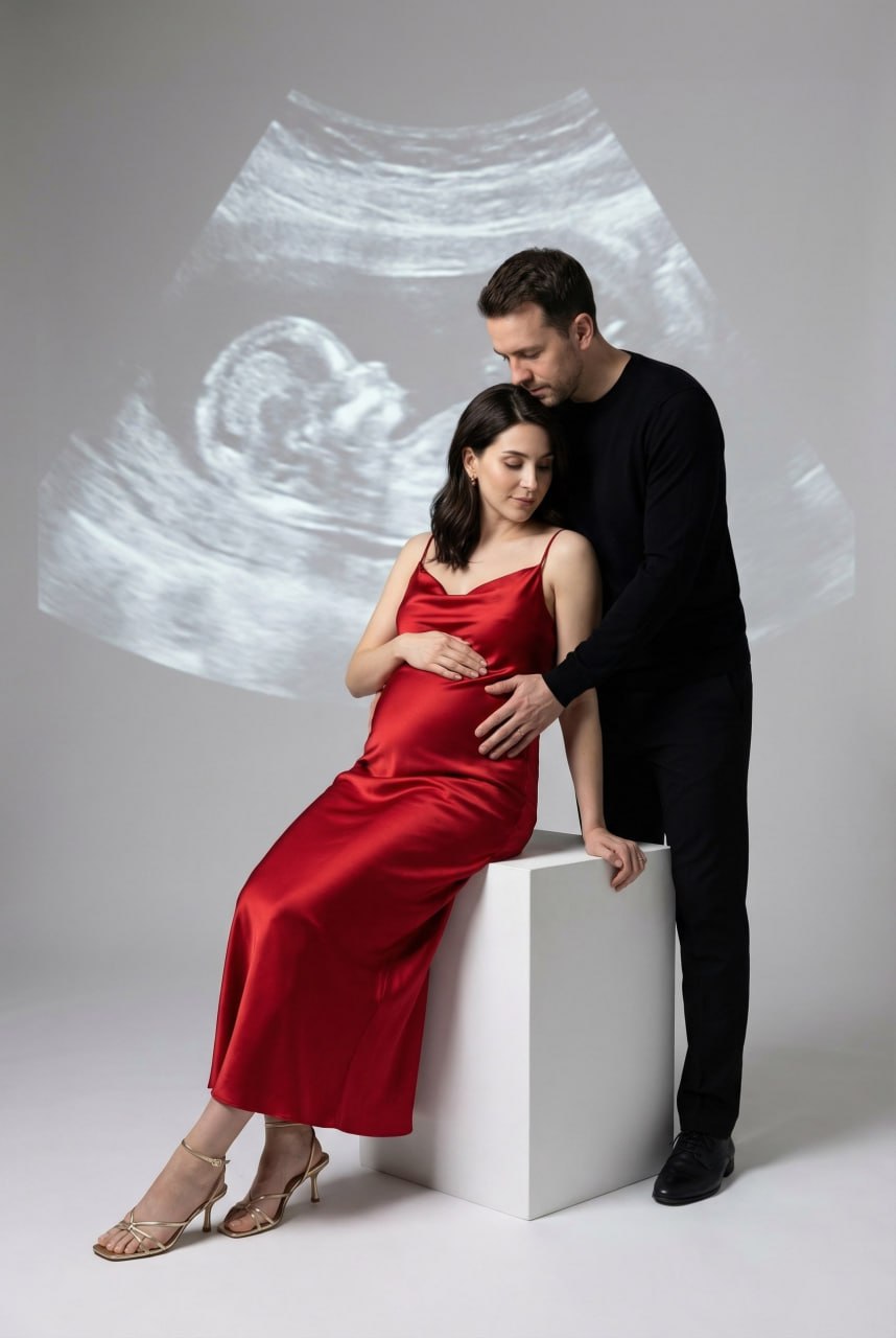 ИИ-фотосессия по фото: беременная женщина в красном атласном платье и мужчина рядом на фоне проекции снимка УЗИ в студии.