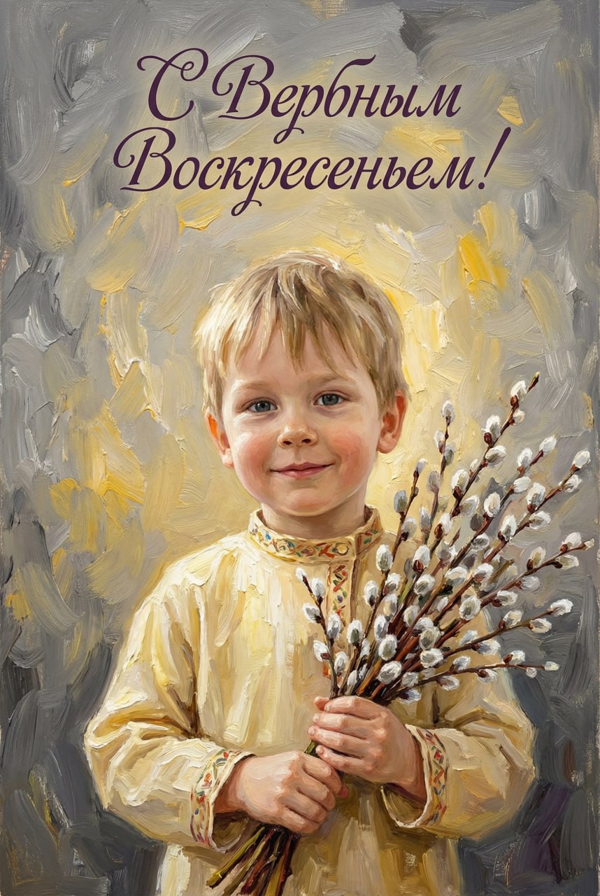ИИ-фотосессия по фото: детский портрет маслом в народной рубахе с букетом пушистой вербы и праздничной надписью