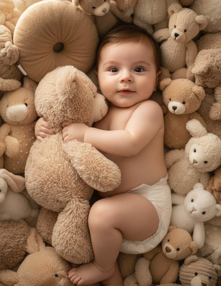 ИИ-фотосессия по фото: младенец в подгузнике лежит на спине среди множества мягких плюшевых мишек и держит одного из них ручкой.