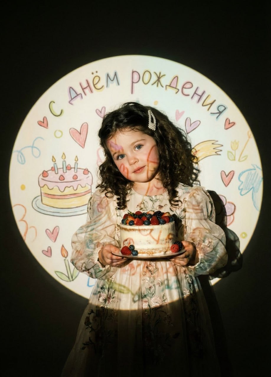 ИИ-фотосессия по фото: ребенок в нарядном платье держит ягодный торт на фоне круглого луча проектора с надписью С днем рождения