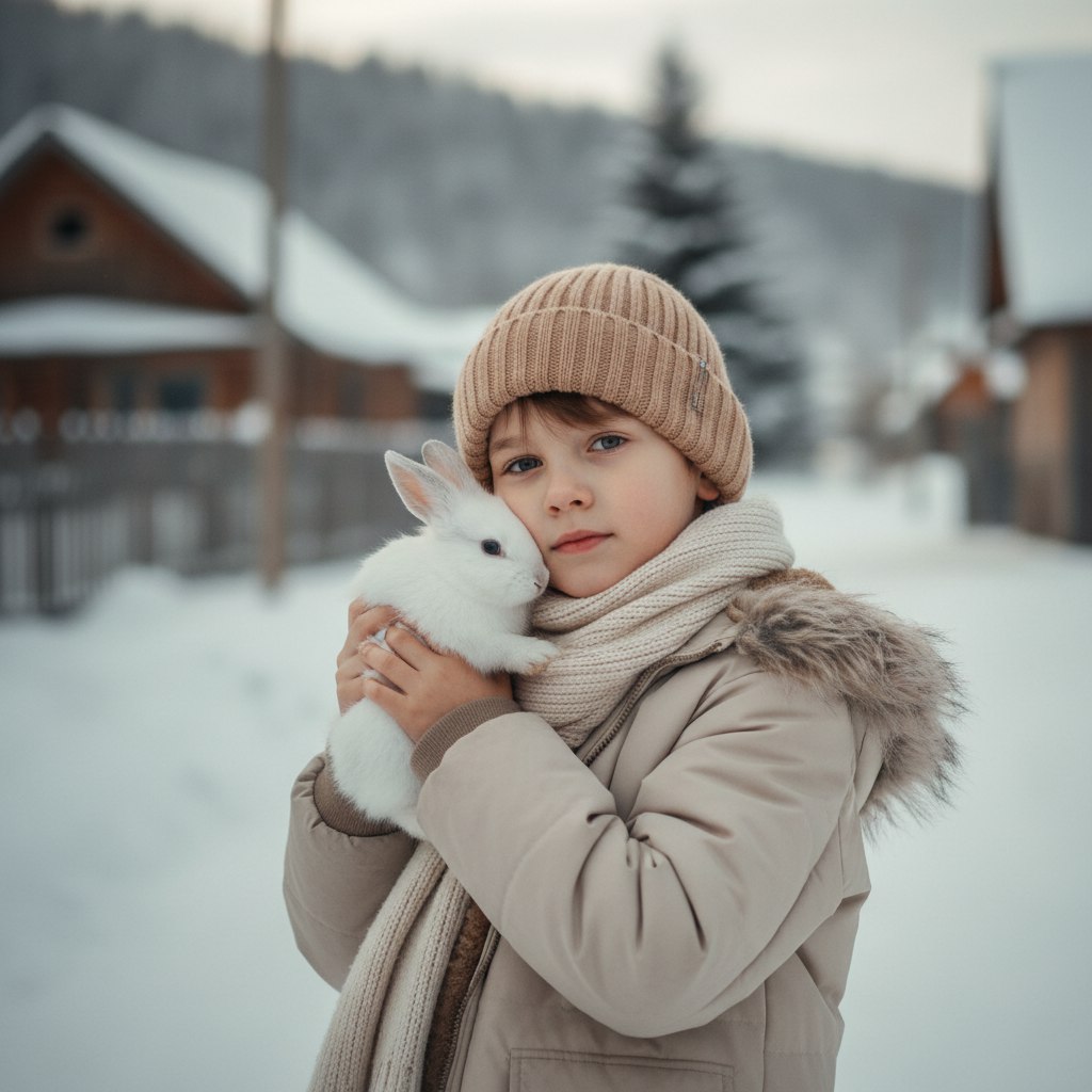 ИИ-фотосессия по фото: ребенок в теплой вязаной шапке и куртке держит белого кролика на фоне заснеженной деревни.
