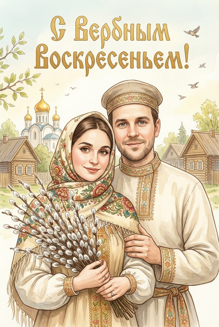 ИИ-фотосессия по фото: пара в традиционных русских костюмах с букетом вербы на фоне деревенского пейзажа с церковью и надписью С Вербным Воскресеньем.