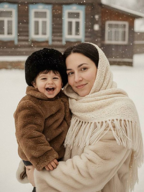 ИИ-фотосессия по фото: женщина в светлой шубе и платке держит смеющегося ребенка в шапке на фоне заснеженной деревни.