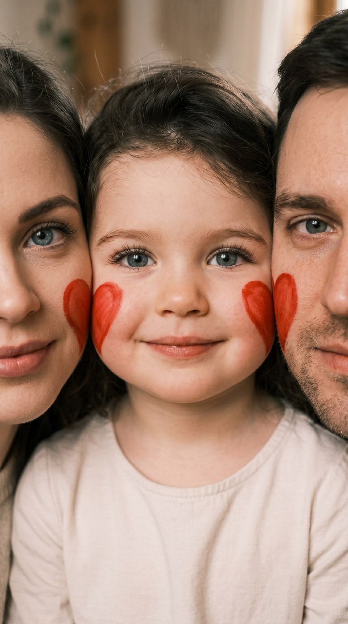 ИИ-фотосессия по фото: крупный семейный портрет родителей и ребёнка с половинками красных сердец на соприкасающихся щеках.
