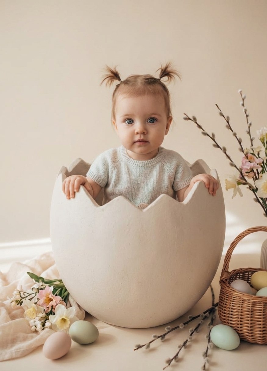 ИИ-фотосессия по фото: малыш в большой декоративной яичной скорлупе в окружении пасхальных яиц, веточек вербы и корзинки.