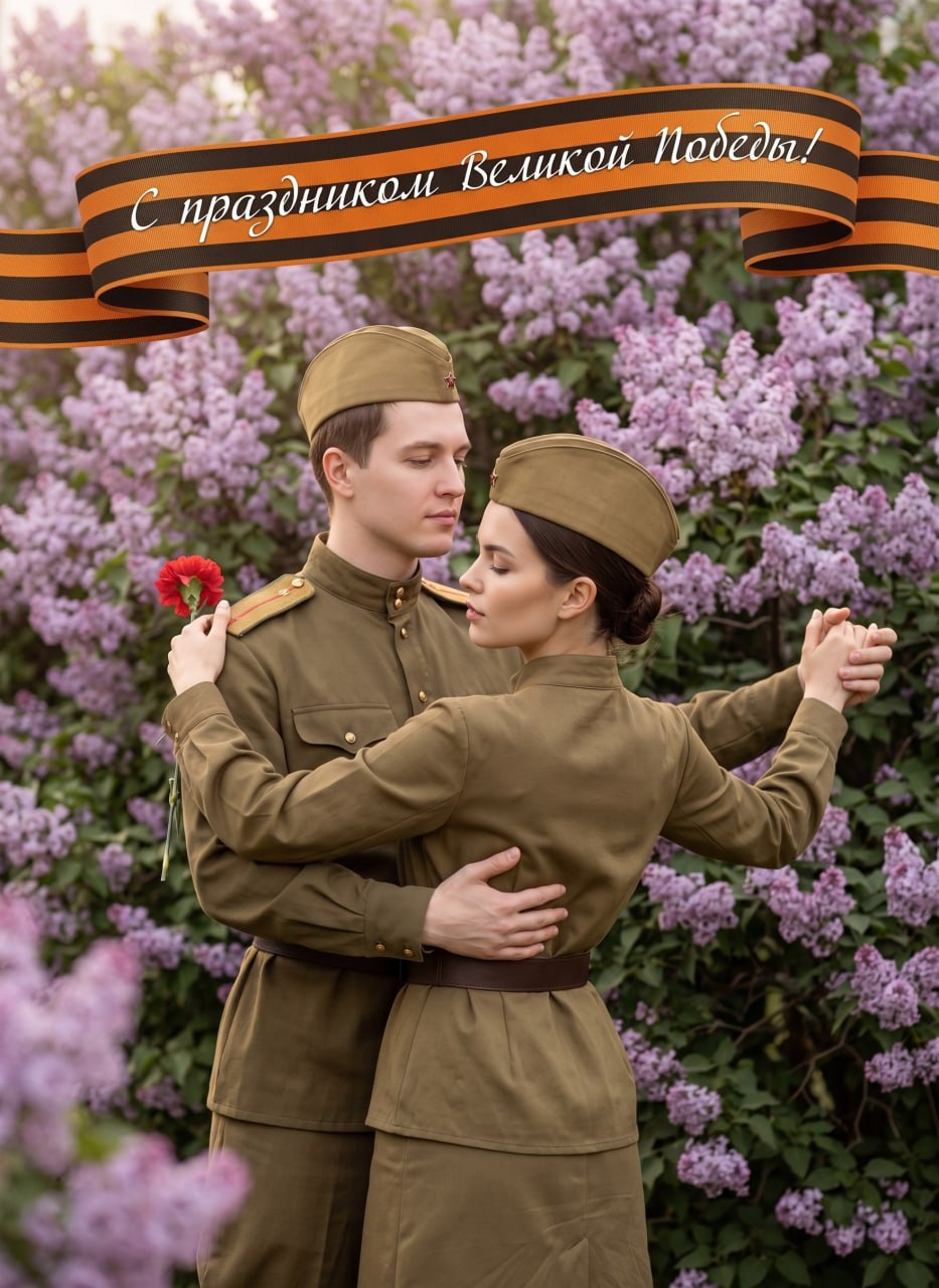 ИИ-фотосессия по фото: мужчина и женщина в советской военной форме танцуют вальс на фоне сирени под лентой «С праздником Великой Победы!»