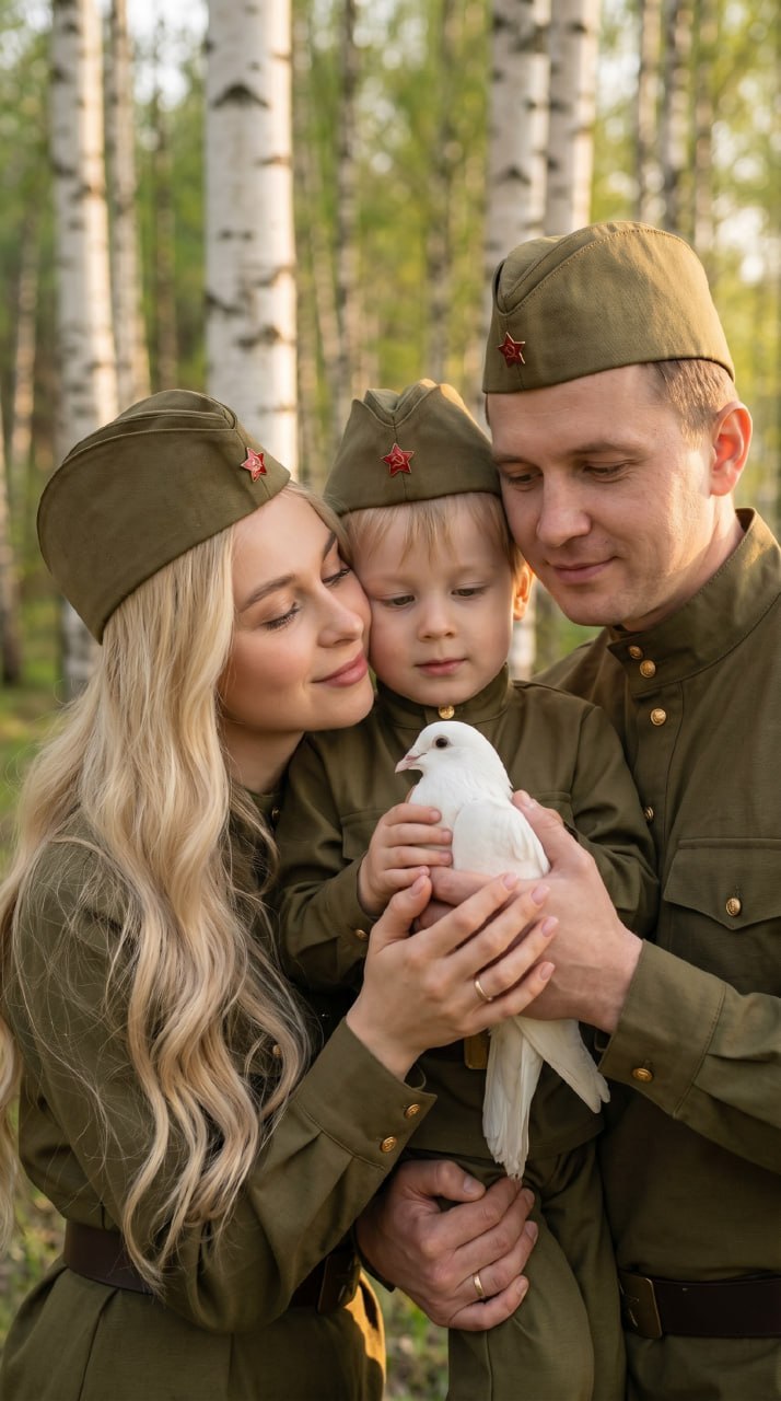 ИИ-фотосессия по фото: мужчина, женщина и ребёнок в советской военной форме и пилотках бережно держат белого голубя в весенней берёзовой роще.