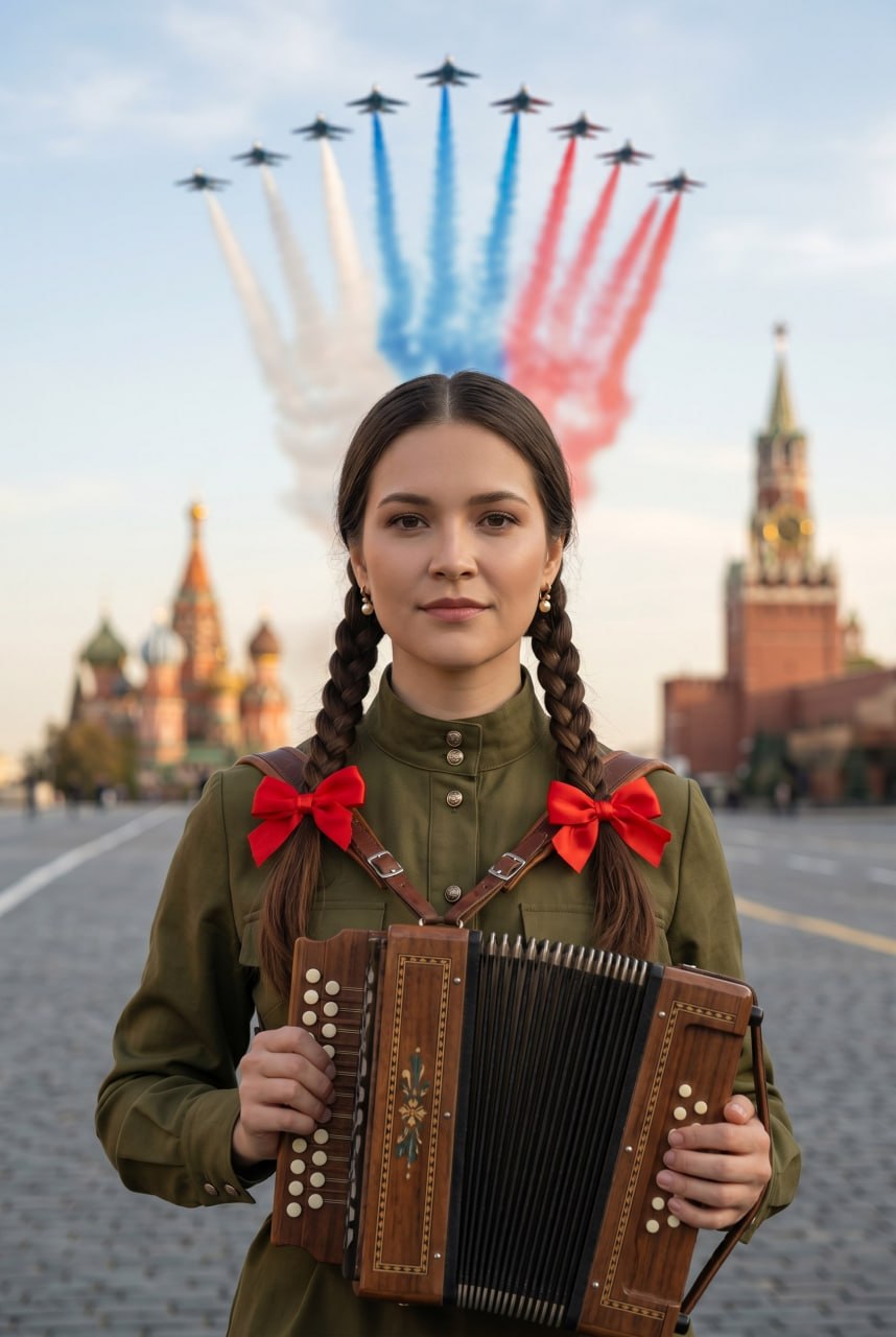 ИИ-фотосессия по фото: девушка в военной гимнастёрке с гармонью на Красной площади на фоне пролетающих самолётов с дымом российского флага.