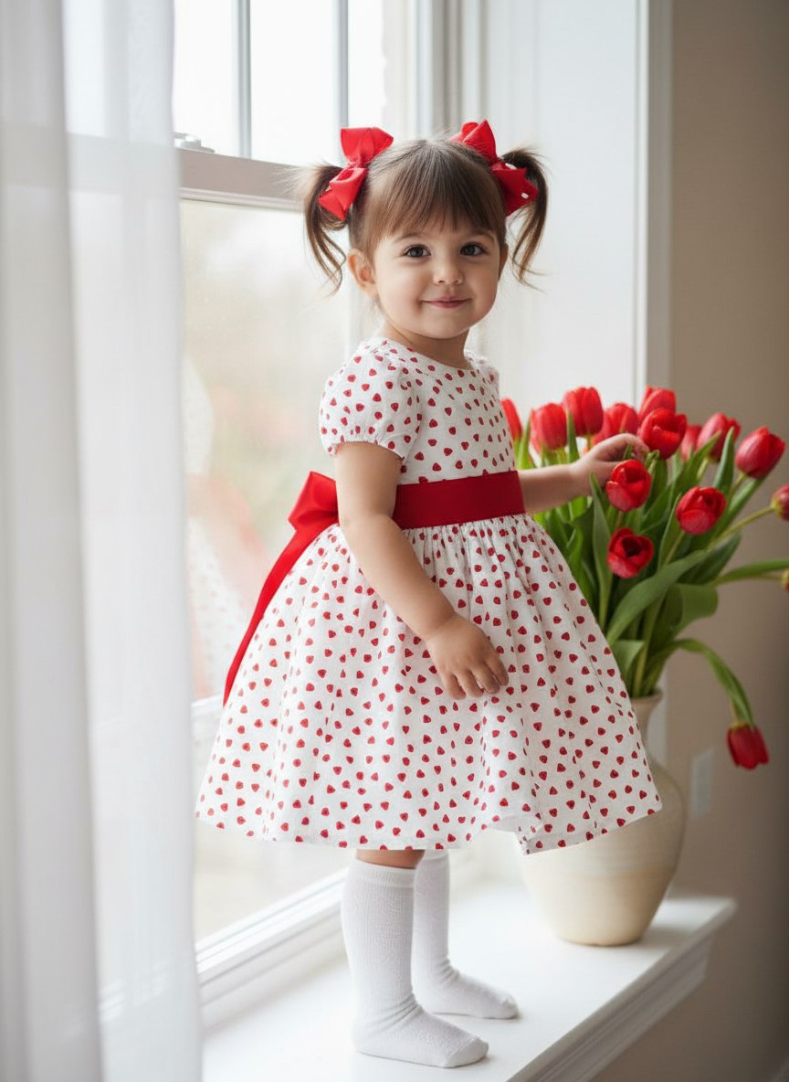 ИИ-фотосессия по фото: маленькая девочка в белом платье с красными бантами стоит на подоконнике рядом с вазой красных тюльпанов