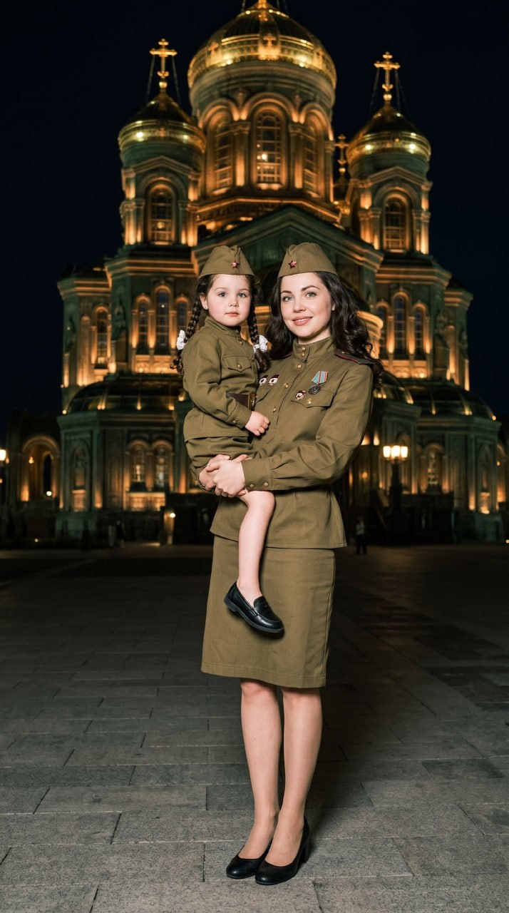 ИИ-фотосессия по фото: мама с дочкой в военной форме времен ВОВ на фоне ночного собора с золотыми куполами.
