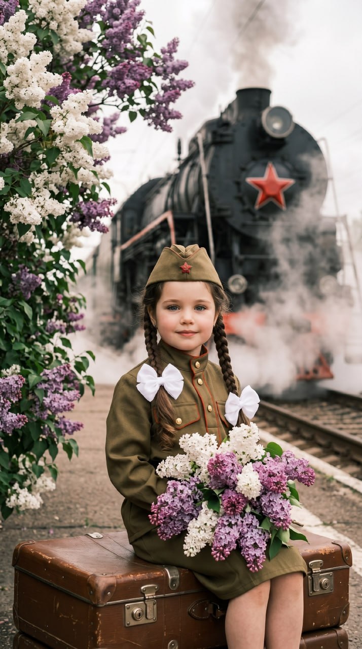ИИ-фотосессия по фото: девочка в советской военной форме и пилотке сидит с сиренью на чемодане на фоне дымящегося паровоза