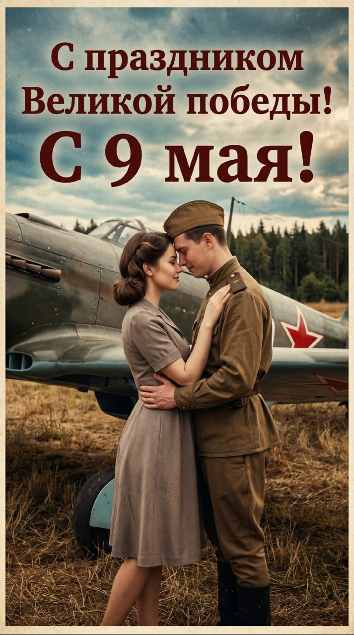 ИИ-фотосессия по фото: мужчина в форме летчика и женщина в винтажном платье у военного самолета с праздничной надписью к 9 Мая.