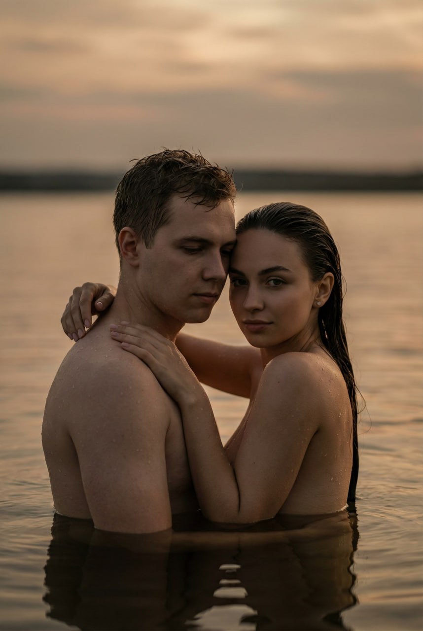 ИИ-фотосессия по фото: чувственный портрет мужчины и женщины в воде в лучах заходящего солнца