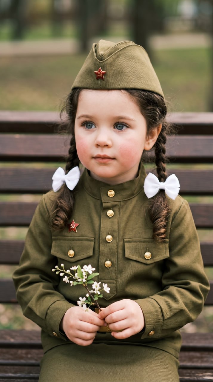 ИИ-фотосессия по фото: маленькая девочка в советской военной форме и пилотке с белыми бантами держит цветущую веточку в парке
