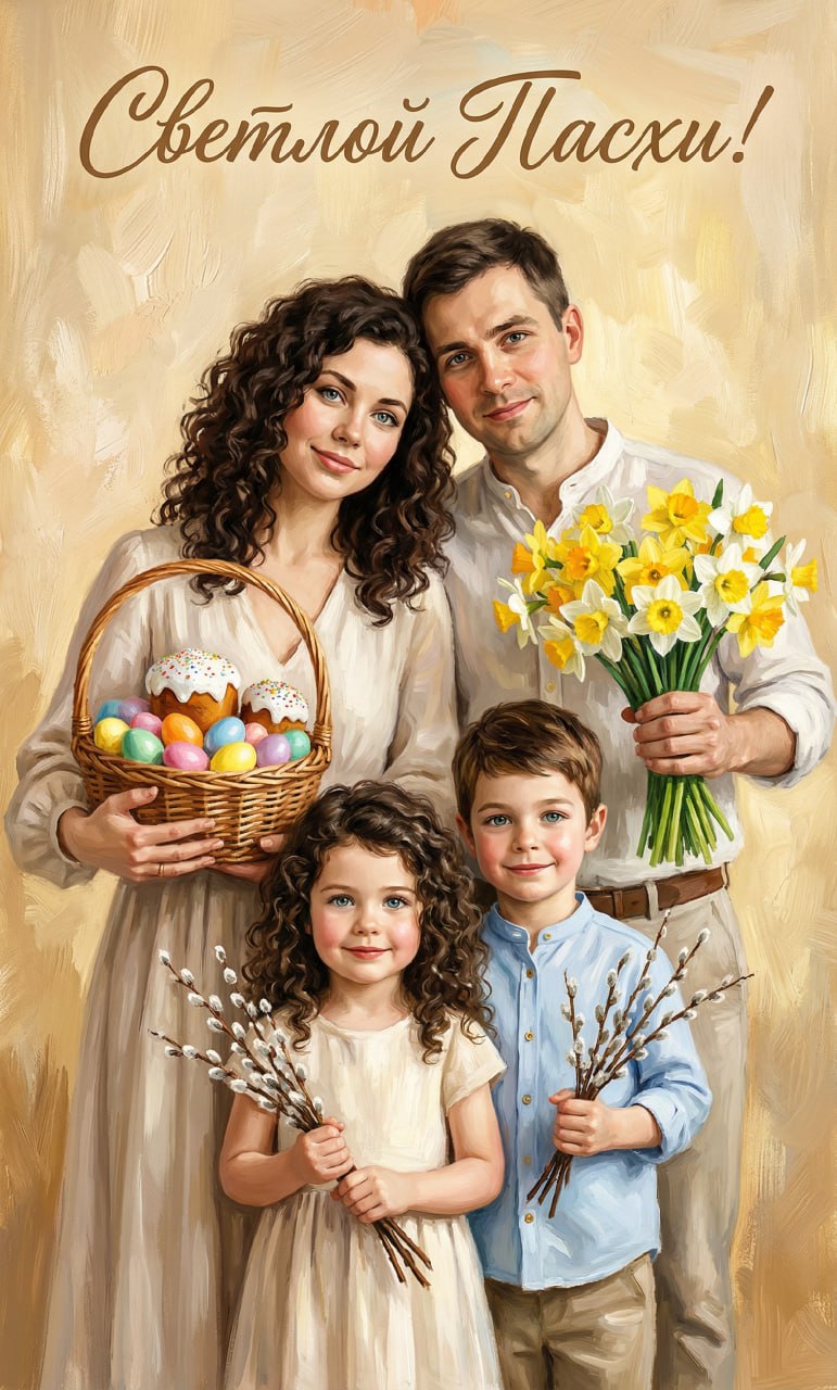ИИ-фотосессия по фото: семейный праздничный портрет к Пасхе в стиле живописи с куличами, яйцами, веточками вербы и букетом нарциссов.